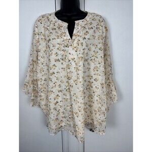 Timeson Women's V-Neck Blouse, Yellow Floral,  Butterfly Sleeve Size XXL